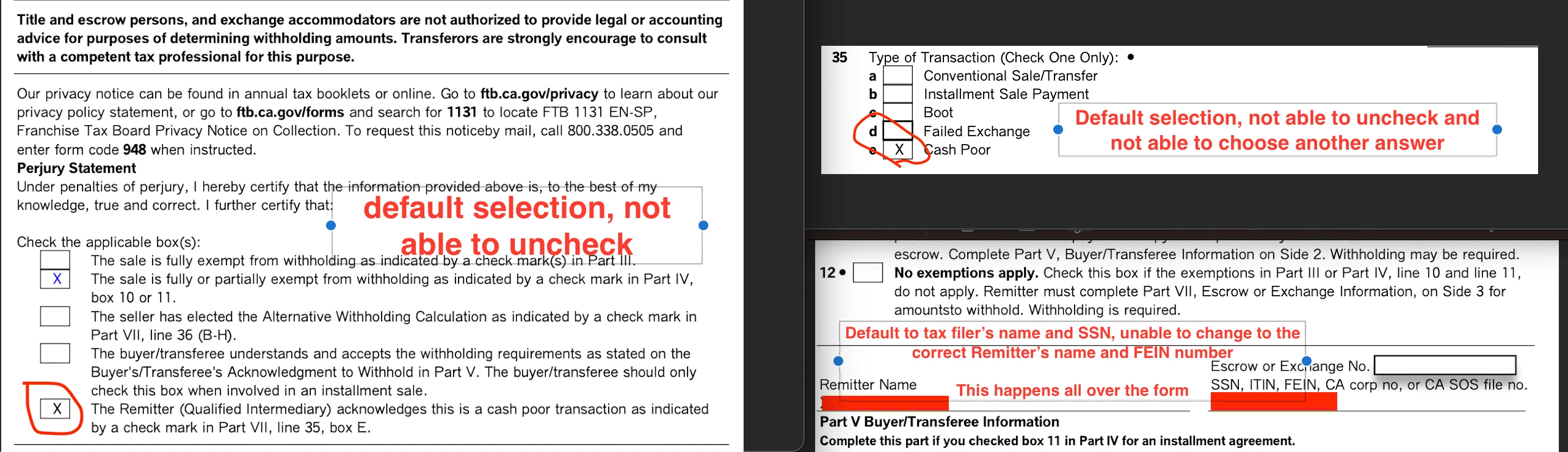 Withholding Form 593 with wrong default value, not able to change value ...