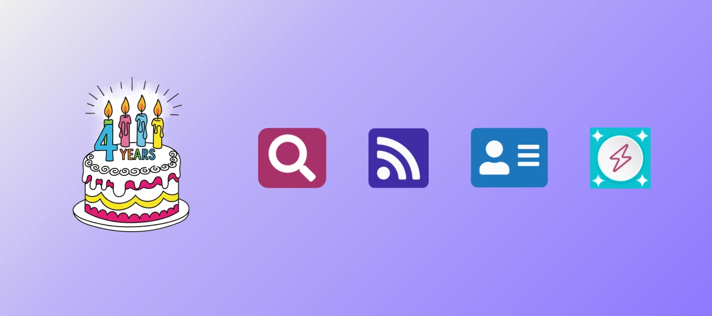 Birthday Cake, Search Icon, RSS Feed Icon, Contact Icon, and new Power Up Badge