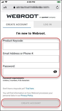 webroot create your new my account
