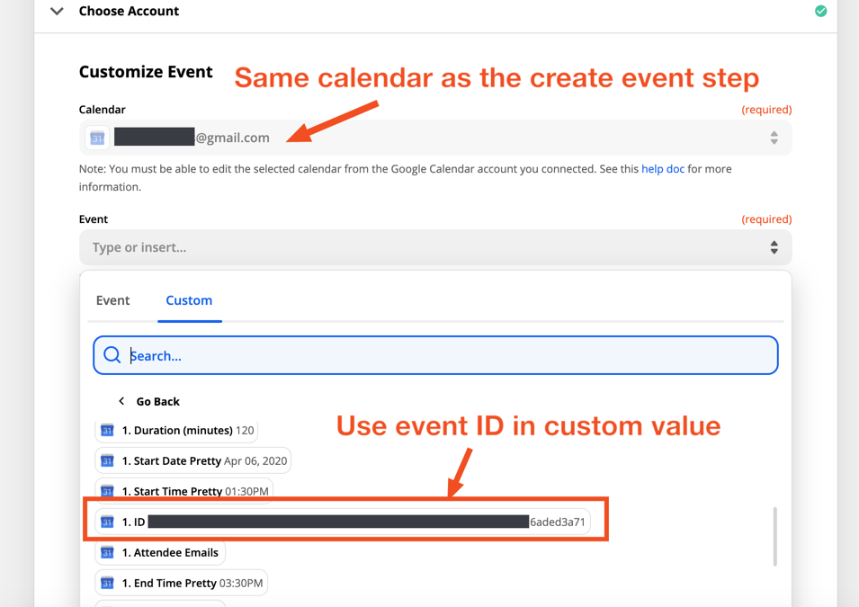 Google Calendar can't update event. Error message not found Zapier