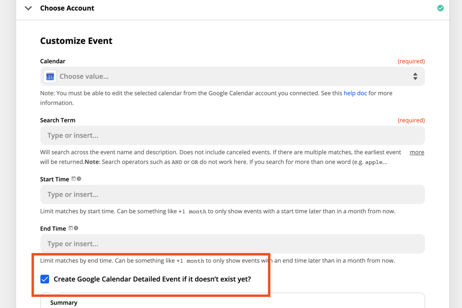 Google Calendar can't update event. Error message not found Zapier