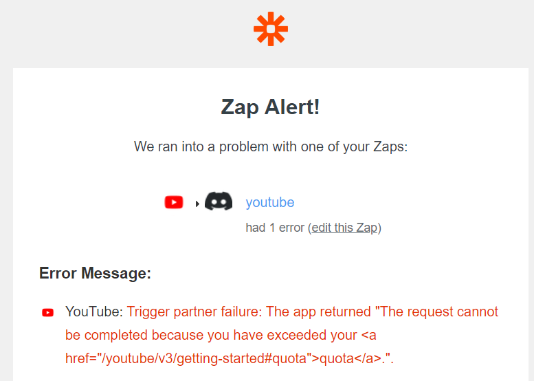 YouTube “The request cannot be completed because you have exceeded your  quota” error | Zapier Community