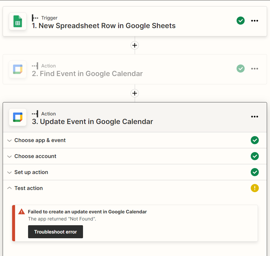 Google Calendar error message: Failed to create an update event in