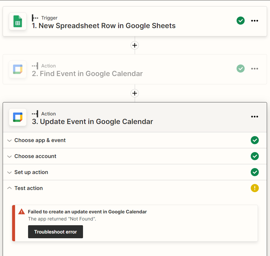 Google Calendar error message Failed to create an update event in