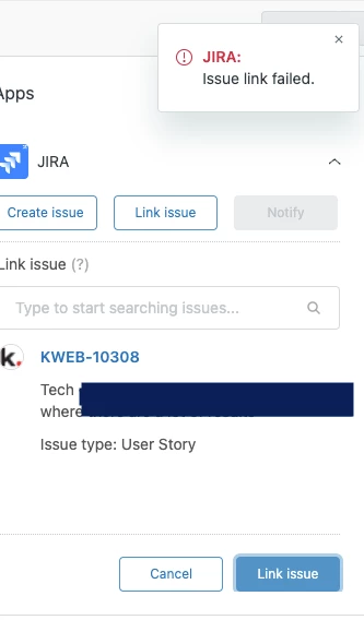 " JIRA : Issue linked failed" error message when linking Jira issue to ...
